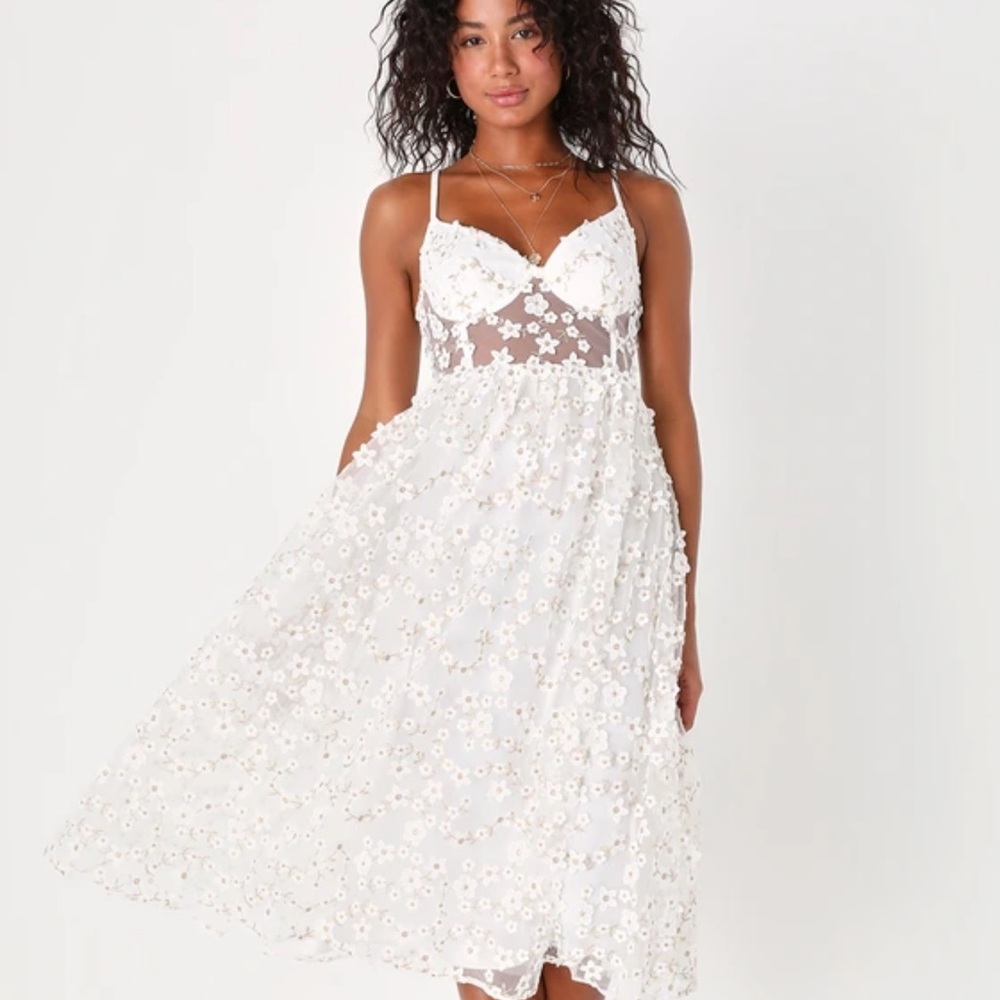 Lulu's Darling Romance White Tulle Floral Applique Bustier Midi Dress